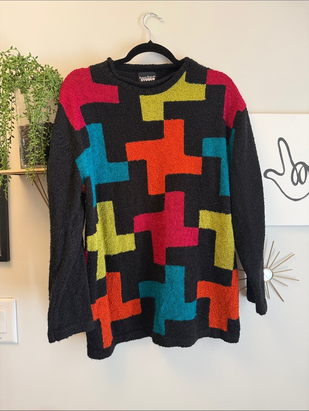 Vintage Studio Black Crewneck Sweater with Multicolor Geometric Blocks